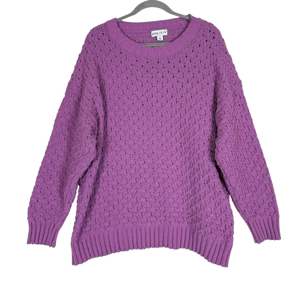 AVA & VIV Sweater Womens 3X Purple Knit Crochet Crew Neck Lightweight Pullover